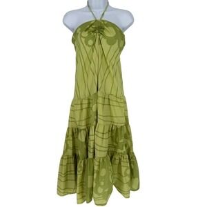 Marimekko Mika Piirainen Green Cotton Batiste Tiered Halter Midi Dress Size 6 34
